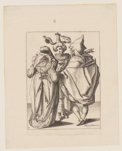 Pariskunta puhuttelee eleettömästi puhuvaa nuorta miestä, elokuvasta The Masquerades (Naamiaiset). tekijältä Jacques de Gheyn II