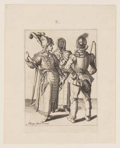 Grandee itämaisessa asussa, mies, jolla on vyöhönsä kiinnitetty kukko, ja hunnutettu nainen, joka soittaa Rumbling-pottia, elokuvasta The Masquerades (Naamiaiset). tekijältä Jacques de Gheyn II