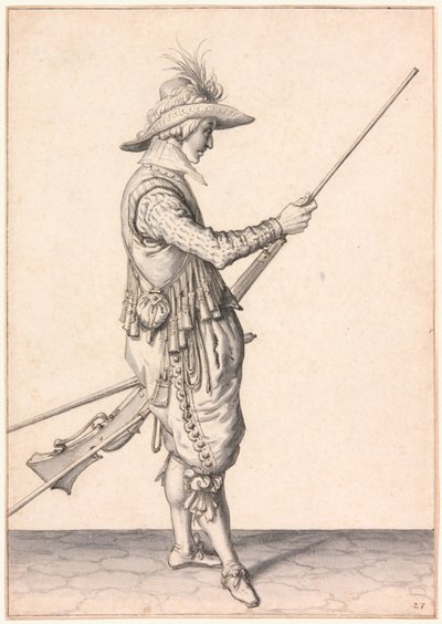 Sotilas lataa muskettia, "Ramme in Your Pouder" tekijältä Jacques de Gheyn II