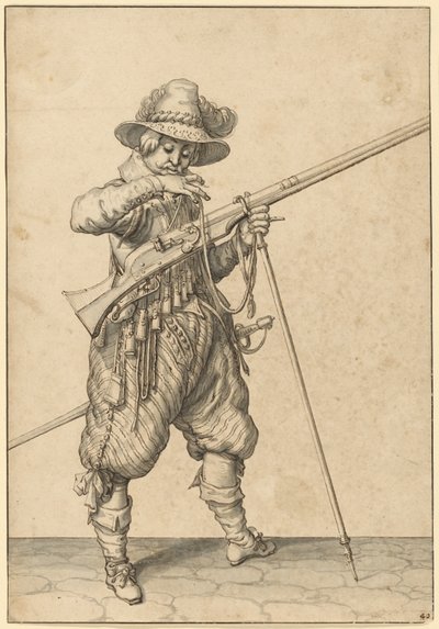 Sotilas vartiossa puhaltaa tulitikkua tekijältä Jacques de Gheyn II