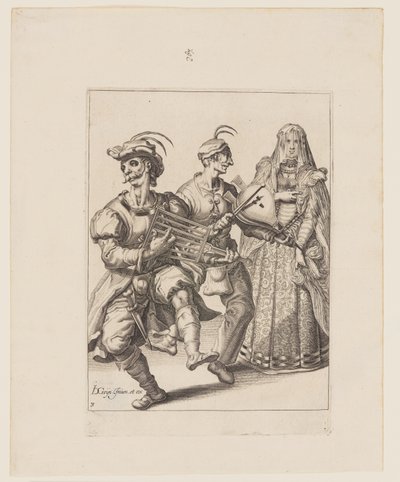 Hunnutettu nainen ja kaksi muusikkoa, jotka soittavat ritilää ja puhallinta, teoksesta The Masquerades (Naamiaiset). tekijältä Jacques de Gheyn II