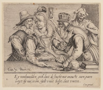 Nuori nainen nuoren miehen ja vanhan miehen välissä, kirjasta Epätasa-arvoiset rakastavaiset. tekijältä Jacques de Gheyn II