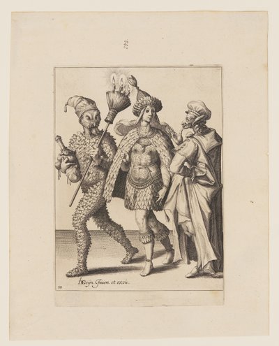 Vanha muumari puhuttelee lehtiin ja linnunsulkiin pukeutunutta pariskuntaa, teoksesta The Masquerades (Naamiaiset) tekijältä Jacques de Gheyn II