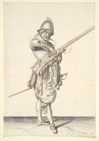 Sotilas valmistautuu ampumaan kaliveria tekijältä Jacques de Gheyn II