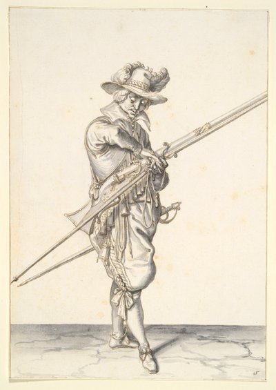 Sotilas valmistautuu ampumaan muskettia tekijältä Jacques de Gheyn II