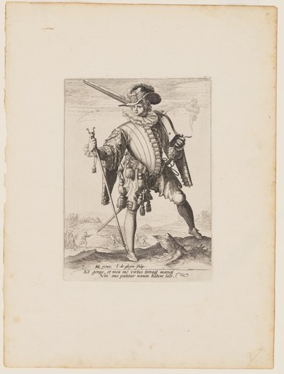 Sotilas ja arquebus, kuvasta Keisari Rudolf II:n henkivartioston upseerit ja sotilaat. tekijältä Jacques de Gheyn II