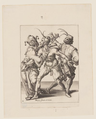 Kolme tanssivaa muumaria ja narri, elokuvasta The Masquerades (Naamiaiset). tekijältä Jacques de Gheyn II
