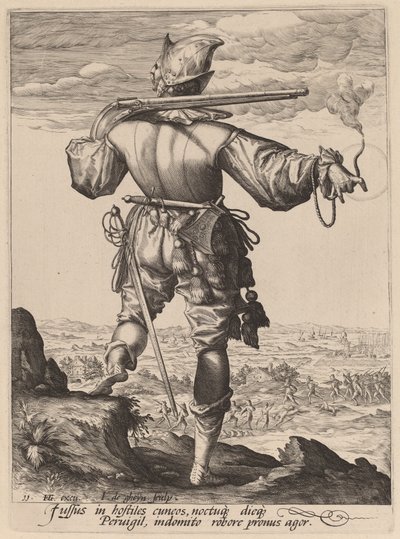Kypärällinen muskettisoturi tekijältä Jacques de Gheyn II after Hendrik Goltzius