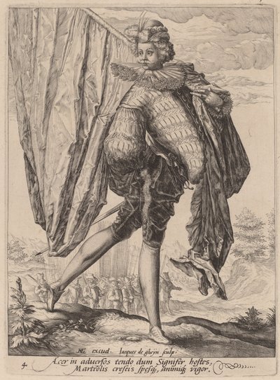Laajamiekalla ja kilvellä aseistettu sotilas tekijältä Jacques de Gheyn II after Hendrik Goltzius