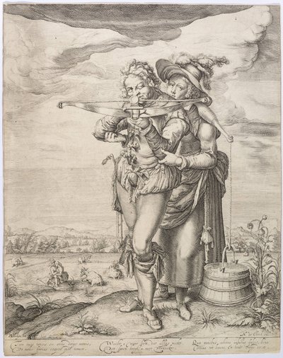 Varsijousimies ja maitoneito, n. 1610. tekijältä Jacques de Gheyn the Younger