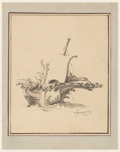 Piirustus, Suunnitelma veneen ja purjeen muotoista kilpeä varten Recueil Nouveau de Differens Cartouches -julkaisuun, 1734. tekijältä Jacques de Lajoüe
