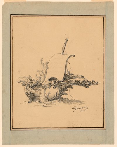 Piirustus, Suunnitelma veneen ja purjeen muotoista kilpeä varten Recueil Nouveau de Differens Cartouches -julkaisuun, 1734. tekijältä Jacques de Lajoüe