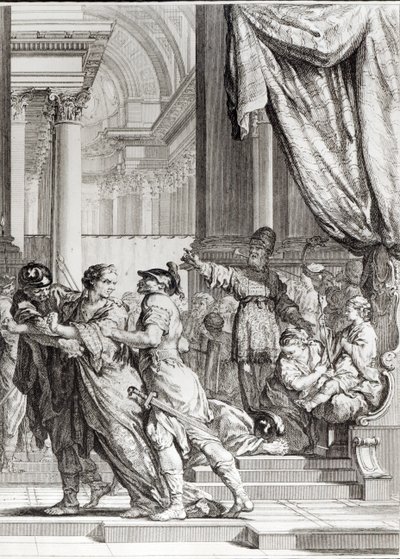Jehoiada, Jerusalemin ylipappi julistamassa prinssi Joashin Juudan kuninkaaksi, Jean-Jacques Flipartin (1719-82) kaivertama kohtaus Jean Racinen (1639-99) "Athalie"sta tekijältä Jacques de Seve