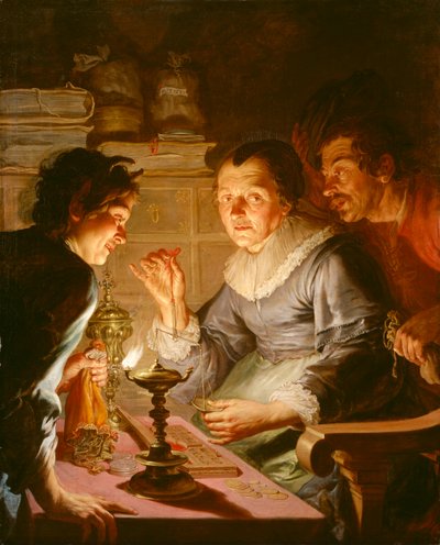 Hollanti: Rahaa ahnehtiva vanha nainen: allegoria ahneudesta Kultainen punnitsija (The Gold Weigher) tekijältä Jacques de l