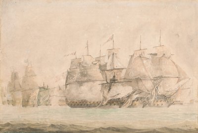 St. Vincentin taistelu, jossa Nelson kapteenina nousi kahden taistelulinjan aluksen laivaan ja valtasi ne 14. helmikuuta 1797. tekijältä Jahleel Brenton