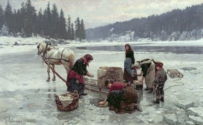 Naiset pesevät pyykkiä jääreiän läpi tekijältä Jahn Ekenaes