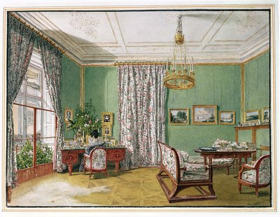 Nainen kirjoituspöytänsä ääressä biedermeier-oleskeluhuoneessa, n. 1821 tekijältä Jakob Alt