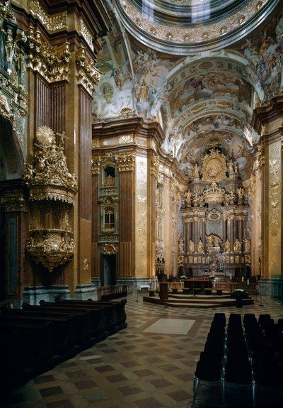 Sisäkuva arkkitehti Jakob Prandtauerin (1660-1726) suunnittelemasta Melkin benediktiinikirkosta, Johann Michael Rottmayrin (1656-1730) freskot. Melk, Itävalta tekijältä Jakob Prandtauer