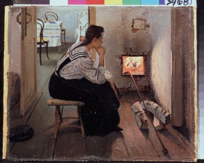 ""Ajatuksia uunilla"" (Ajatuksia liesillä) Nuori nainen istuu mietteliäänä tulen edessä. Jakov Kalinichenkon (1869-1938) maalaus 1897 Valtion alueellinen I. Pozhalostinin taidemuseo, Ryasan tekijältä Jakoff Jakovlevitch Kalinitchenko