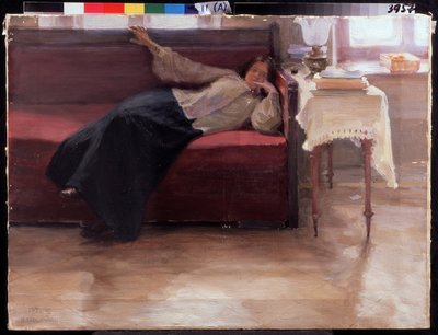 ""Dreams"" mietteliäs nuori tyttö makaa sohvalla. Jakov Kalinichenkon (1869-1938) maalaus 1904 Valtion alueellinen I. Pozhalostinin taidemuseo, Ryasan tekijältä Jakoff Jakovlevitch Kalinitchenko