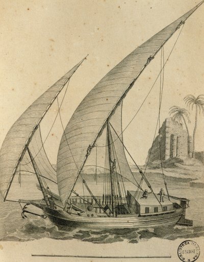 Nubian purjevene, Egypti, kaiverrus Cartes et figures du Voyage en Nubie et en Abyssinie, James Bruce tekijältä James Bruce
