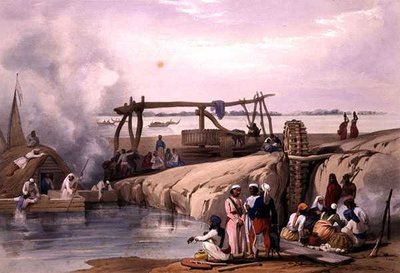 Kohtaus Sutlej-joella, Punjabissa, "Sketches in Afghanistan" -teoksesta, kaiverrettu Charles Haghe (1810-88) ja Louis Haghe (1806-85), julkaisija Henry Graves tekijältä James (after) Atkinson