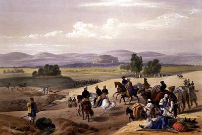 The Approach to the Fortress of Kwettah, "Sketches in Afghaunistan", kaiverrettu Charles Haghe (1810-88) ja Louis Haghe (1806-85), julkaisija Henry Graves tekijältä James (after) Atkinson