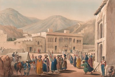 Shah Shoojah-ool-Moolkin Durbar-Khaneh, Cabaul [sic], noin 1840 (litografia, sävytetty). tekijältä James (after) Atkinson
