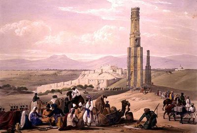 Ghunzeen linnoitus ja linnoitus sekä The Two Minars, "Sketches in Afghaunistan", kaiverrus Charles Haghe (1810-88) ja Louis Haghe (1806-85), julkaisija Henry Graves tekijältä James (after) Atkinson