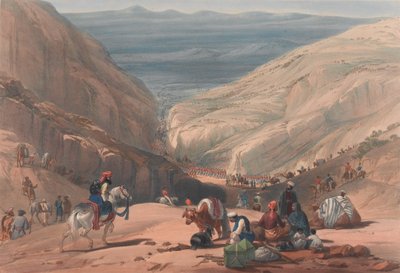 Toinen laskeutuminen Koojahin [sic] solan läpi, n. 1839 (litografia, sävytetty) tekijältä James (after) Atkinson