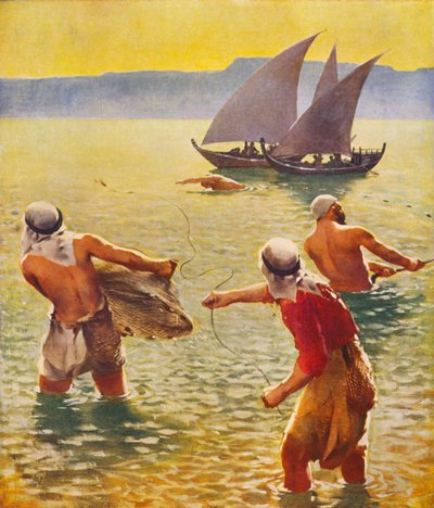Pyhä maa: Galilean järvellä kalastaminen (värilitografia). tekijältä James (after) Clark