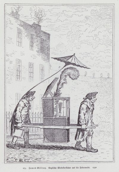 Englantilainen sarjakuva, joka pilkkaa höyhenpäähineitä käyttävien naisten muotia tekijältä James (after) Gillray