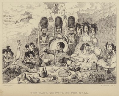 Käsikirjoitus seinällä: parodia Belsaszarin juhlasta, joka kuvaa Napoleonia ja hänen vaimoaan Josephinea tekijältä James (after) Gillray