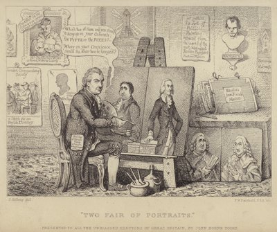 Kaksi muotokuvaparia: Whig-vastainen sarjakuva John Henry Tookesta ja Charles James Foxin muotokuvista paheesta ja William Pitt nuoremmasta, joka edustaa hyvettä tekijältä James (after) Gillray