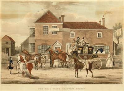 The Mail Coach Changing Horses, n. 1825 (kaiverrus) tekijältä James (after) Pollard
