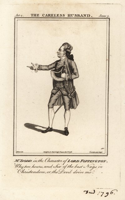 Herra James William Dodd Lord Foppingtonin roolissa Colley Cibberin The Careless Husbandissa, Drury Lane Theater tekijältä James (after) Roberts