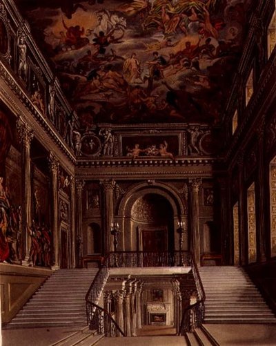 Portaikko, Buckingham House, kaiverrus William James Bennett (1787-1844) William Henry Pynen (1769-1843) pubista "The History of the Royal Residences". 1818 (litho) tekijältä James (after) Stephanoff