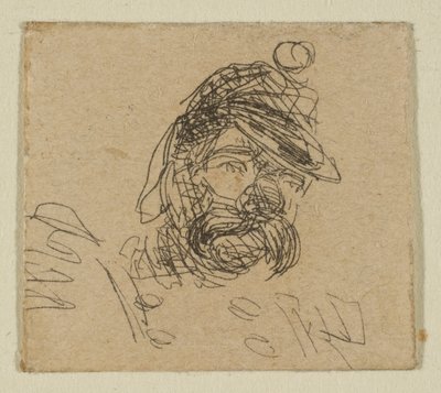 Parrakas mies sotilaslakissa Sketches on the Coast Survey -levystä, 1854-55. tekijältä James Abbott McNeill Whistler