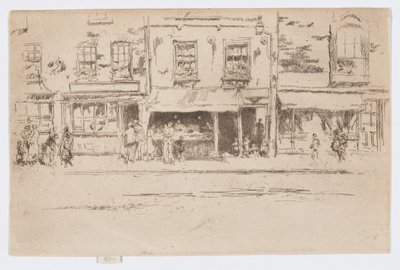 Fish Shop, Chelsea, n.1884-86 (etsaus; tussi paperille). tekijältä James Abbott McNeill Whistler