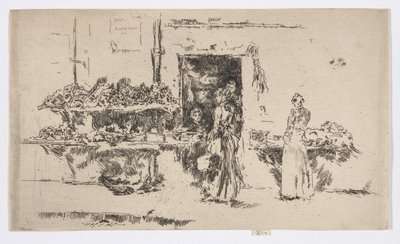 Vihanneskauppa, Pariisi, noin 1892-93 (etsaus; tussi paperille). tekijältä James Abbott McNeill Whistler