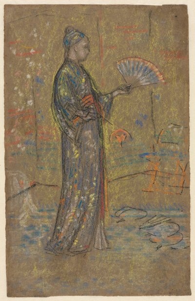Japanilainen nainen maalaa tuulettimen recto, seisova nainen pitelee mekkoaan, n. 1872. tekijältä James Abbott McNeill Whistler