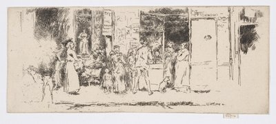 Sanomalehtikioski, Rue de Seine, n.1892-93 (etsaus; tussi paperille). tekijältä James Abbott McNeill Whistler