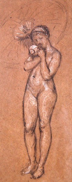 Alaston aurinkovarjolla, n. 1868 (valkoinen ja musta värikynä paperilla) tekijältä James Abbott McNeill Whistler