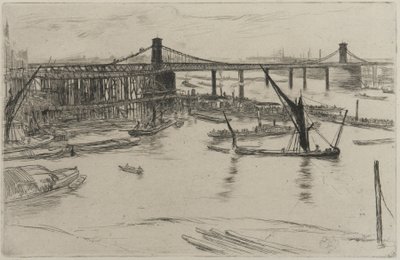 Old Hungerford Bridge, 1861 (etsaus paperille) tekijältä James Abbott McNeill Whistler