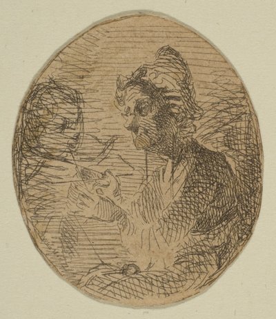 Vanha nainen ja lapsi soikeassa luonnoksista rannikkomittauslevyllä, 1854-55. tekijältä James Abbott McNeill Whistler