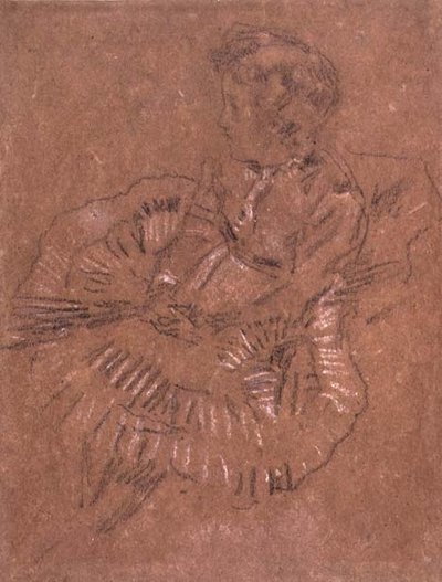 PD.67-1959 Istuva tyttö suuressa hameessa (Elinor Leylandin tutkimus) n. 1870-80 (mustavalkoinen liitu ruskealla paperilla) tekijältä James Abbott McNeill Whistler