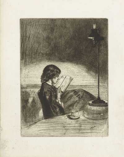 Muotokuva Deborah Delanosta lukemassa Lukeminen lampun valossa tekijältä James Abbott McNeill Whistler