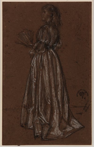 Seisova hahmo viuhkan kanssa, n.1873/1876 (mustavalkoinen liitu ruskealle paperille). tekijältä James Abbott McNeill Whistler