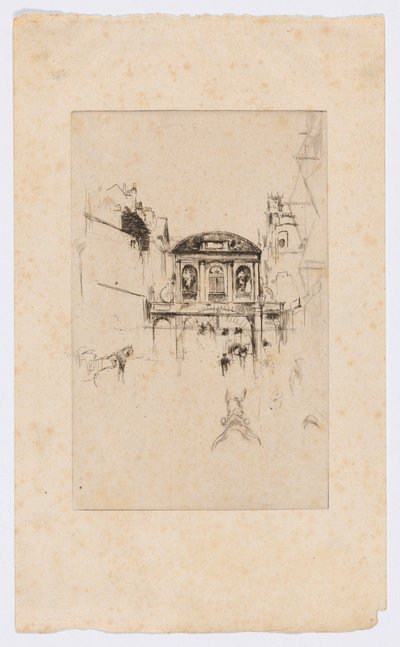 Temple Bar, noin 1877 (etsaus ja kuivapiste; muste paperille). tekijältä James Abbott McNeill Whistler