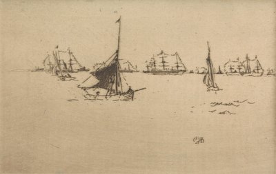The Fleet: Evening, 12 etsauksen sarjasta The Naval Review, 1887 tekijältä James Abbott McNeill Whistler